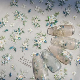 Holographic White Jasmine Flower Nail Art Stickers, 3D Floral Design with Iridescent Effect