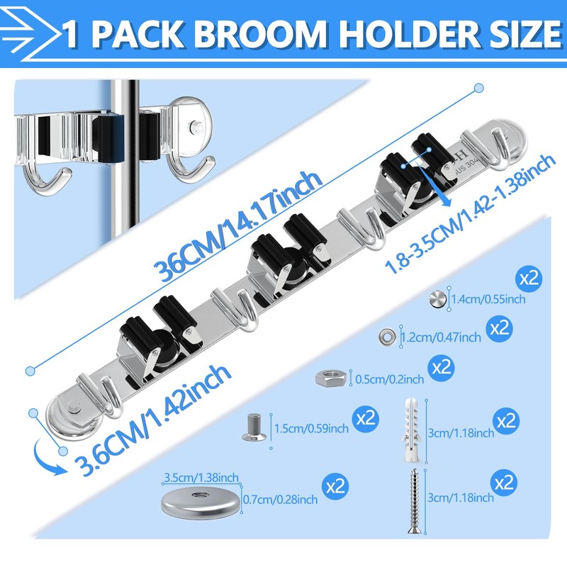 3-H Magnetic Broom Holder Wall Mount 1 Pack, 2-in-1 Dual