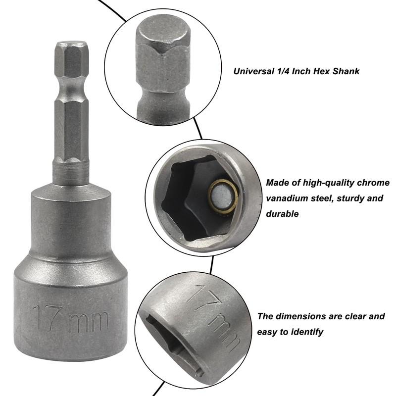 Cjueiom 2pcs 1/4" Quick-Change Hexagon Socket, 17mm Metric Nut Drivers