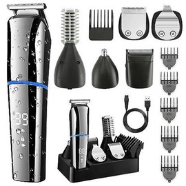 Rechargeable Hair Cutter Kit 6-In-1 USB Electric Razor Nose Hair Trimmer with Digital Display Waterproof Grooming Kit for Men
