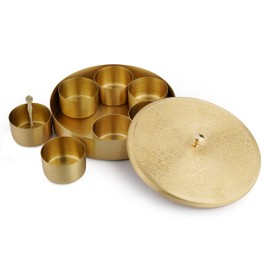 Ajuny Handcrafted Brass Round Spice Box Golden with Embossed Lid - Beautiful Design 7 Spice Containers and 1 Designer Spoon Decorative Masala Canister Organizer Gifts
