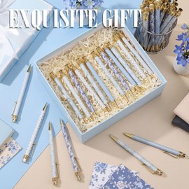 Tallew 60 Pcs Blue and White Floral Ballpoint Pens Wedding Bridal Shower Pens 0.5mm Retractable Black Ink Pen Fancy Office Gifts for Women Baby Shower Supplies Back to School Teacher Coworker