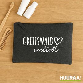 Huuraa Kulturbeutel Greifswald verliebt Geschenk 1 Liter Charcoal Filz Greifswald Geschenkidee