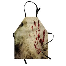 Ambesonne Horror House Apron, Grunge Dirty Wall Bloody Hand Print Murky Palm Trace Victim Violence, Unisex Kitchen Bib with Adjustable Neck for Cooking Gardening, Adult Size, Beige Red