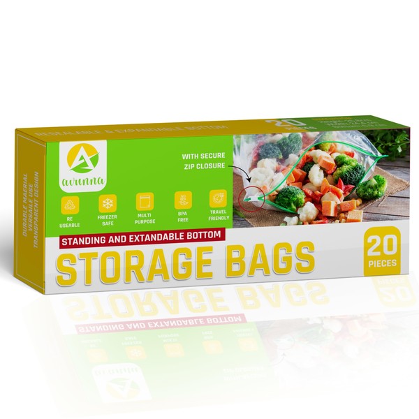 AVUNNA Ziploc Freezer Bags - 20 Pack, Sealable 26.8x24.4 cm