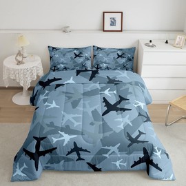 Homewish Camo Aircraft Comforter Set Full,Cartoon Airplane Boys Bedding Set for Kids Teens Men Bedroom Decor,Army Camouflage Blue Black Down Comforter Modern Grey Blue Duvet Insert with 2 Pillowcases