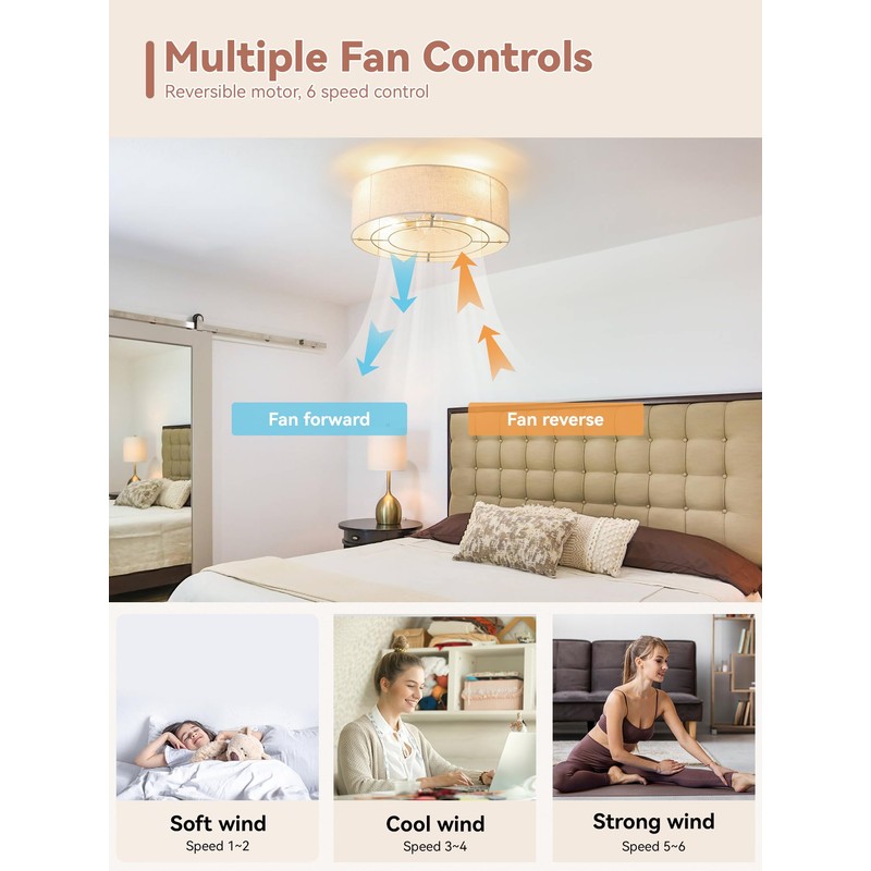 YMKSKJ Low Profile Ceiling Fans with Lights, 20" Boho Rattan