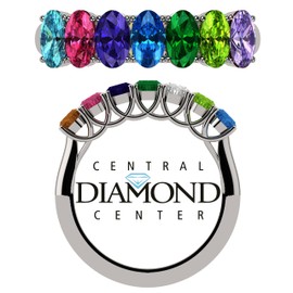 Central Diamond Center Oval Cut Lucita Mothers Birthstone Ring w/ 1 to 7 Simulated Birthstones - Sterling Silver-Size 6.5