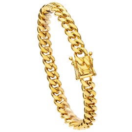WinTrend Gold Cuban Link Chain Necklace or Bracelet with Design Box Clasp for Men 18K Gold Stainless Steel Hip Hop Miami Curb Chains(10MM, 7.5")