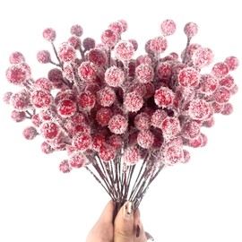 30 Pieces Snow Artificial Holly Berry Stems, Snowy Christmas Berry Picks Sprays Snowy Fake Red Berries Twig Branches for Christmas Tree Decorations DIY Crafts Decor Table Centerpieces