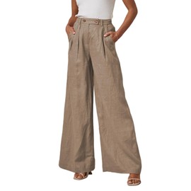 EVALESS Women's Summer Linen Pants Business Casual Work Elastic High Waisted Palazzo Pants for Women 2024 Trendy Baggy Wide Leg Flowy Trousers Pants with Pockets Spring Outfits Khaki Medium