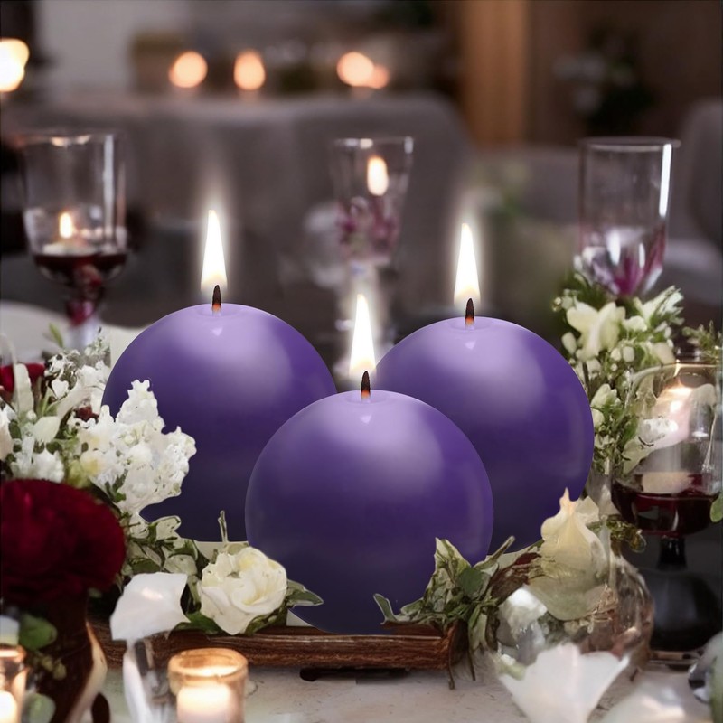 Ball Pillar Candles Set of 3 Purple 3Inch Unscented Handpoured