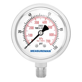 MEASUREMAN Fully Stainless Steel Hydraulic Glycerin Filled Pressure Gauge, 2-1/2" Dial Size, 1/4"NPT Lower Mount, 0-100psi/kpa