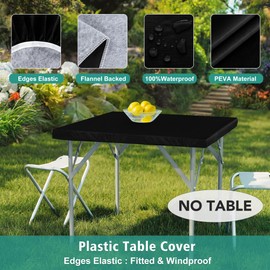 LUSHVIDA Vinyl Card Tablecloth with Flannel Backing 24x24 inch - Waterproof Plastic Table Cover for Small Square Folding Table Cloth with Elastic Edges, Black