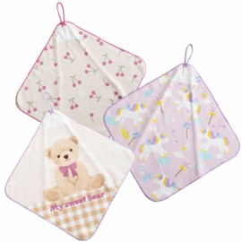 Cute Towel with Loop, Loop Towel, Name, Label, Hand Towel Set, Nursery School, Kindergarten, Children, 100% Cotton (B. Bear, Etc., 3 Pieces, Girl Pattern)