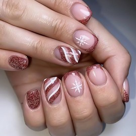Christmas Press on Nails Short Square Fake Nails Pink Glitter French Tip False Nails with Designs Snowflakes Stripe Glossy Glue on Nails Nude Full Cover Acrylic Stick on Nails for Women Girls 24Pcs