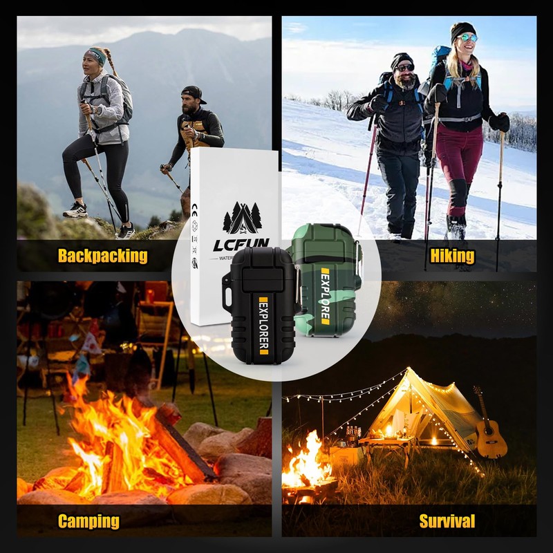 LcFun Waterproof Electric Lighter Windproof Dual Arc USB Rechargeable Flameless