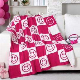 Buryeah Preppy Knitted Throw Blanket, 50 x 60 Inch Smile Face Cute Pink Blanket Reversible Soft Microfiber Lightweight Double Sided Throw Gift for Bedding Couch Sofa Bed(Preppy Smiling Face)