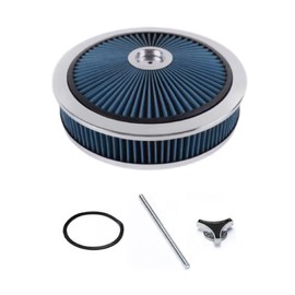 14" X 3" Blue Round High Flow Washable Air Cleaner Filter Assembly w/Chrome Flow-Thru Lid for Caburetor Lid Compatible with Ford/GMC/Chevy SBC BBC