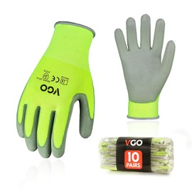 Vgo 10 pares de guantes de trabajo de seguridad, guantes de jardinería, recubiertos de poliuretano, guantes de inmersión, sin látex (talla M, amarillo, PU2103)
