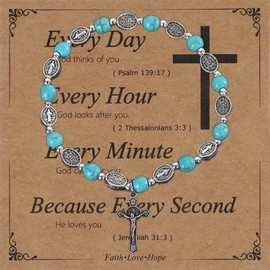 MILAKOO Virgin Mary Medal and Turquoise Stone Beaded Bracelet for Unisex Cross Pendant Charms Stretch Bracelet
