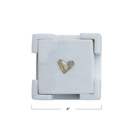 Creative Co-Op Marble Coasters with Heart Shaped Mother of Pearl Inlay, White and Natural
