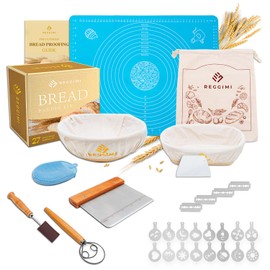 Reggimi Banneton Bread Proofing Basket Set - 27 Piece Bread Making Kit with Round and Oval Proofing Baskets for Sourdough Bread Baking, Lame, Dough Scraper, Whisk, Silicone Mat, Stencils, and More