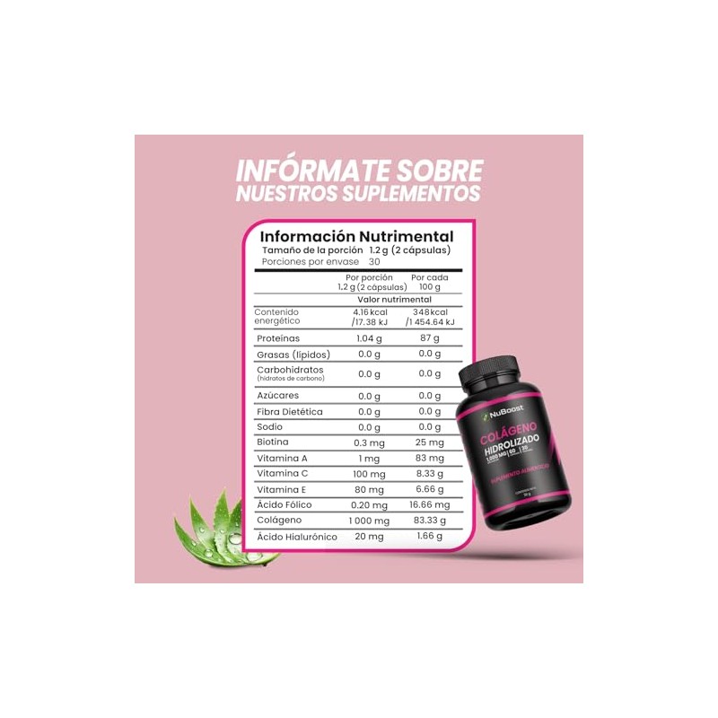 Nuboost Colágeno Hidrolizado 1000 Biotina Ácido Hialurónico Cápsulas Piel Cabello