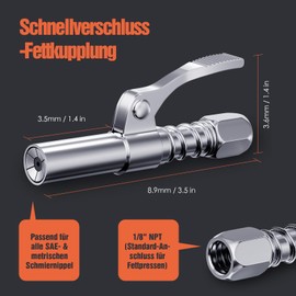 Fettpresse-Mundstück 2 Stück – Schnellverschluss-Fettpresse-Adapter mit Einhandbedienung – Fettpressenkupplung mit 6-Backen-Verriegelung – Aufsatz passend für 1/8" NPT, SAE und Metrische Schmiernippel