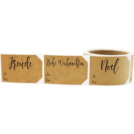 German Natural Brown Kraft Christmas Gift Tag Stickers – 2 x 3 Inch Holiday Labels, Roll of 100 – 4 Unique Festive Sayings, Eco-Friendly, Made in The USA