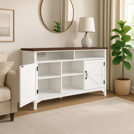 Homy Casa 58'' Sideboard Buffet Cabinet with Hinged Barn Doors, Buffet Storage Cabinet with Adjustable Shelves, Antique White Wood Coffee Bar Table for Dining Room, Living Room