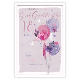 Great Granddaughter 18th Birthday Card for Her - Age 18 - Floral Balloons and Butterflies - Special Finishes and Illustrated Insert Leaf - Made in the UK - Eco-Friendly