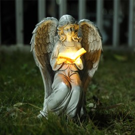 Ovewios Angel Statue Outdoor Decor, Elegant Angel Garden Statues Reading Book with Solar LED Lights Yard Decorations Lawn Ornaments Figurines Resin Sculpture for Outside, Angel Gardening Gifts