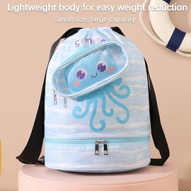 Kids Swimming Bag，Double-Layer Swimming Bag Kids ，Waterproof Compartment Design，Dry and Wet Storage Bag Adjustable Strap, Perfect Children's Swimming Equipment Backpack. (Light blue octopus)
