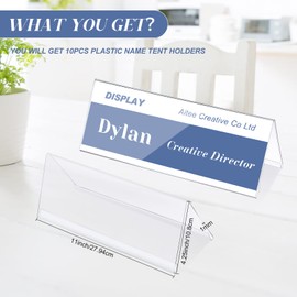 Vicenpal 10 Pieces Clear Plastic Name Tent Holders 11" x 4.25" Acrylic Name Plate for Desk PVC Card Tent Holder Desk Sign Frame for Table Office Business Conference Meeting Room School Display Stand