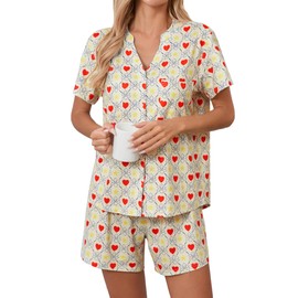 Famulily Short Pjs for Women Sets V Neck Button Down Sleepwear Cute Soft T-Shirt and Shorts Co Ord Sets Beige M