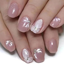 24Pcs Short Press on Nails RTKHFZE Pink Fake Nails with White Butterfly and Rhinestones Designs Press Ons False Nails Square Full Cover Acrylic Nails Stick on Nails for Women and Girls