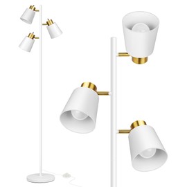 QiMH Tree Floor Lamps for Living Room, 67" Modern Standing Floor Lamp with 3 LED Bulb, Industrial Tall Lamp Reading Lighting for Bedroom Study Office Decor, 3 Rotatable Light Heads, White Gold