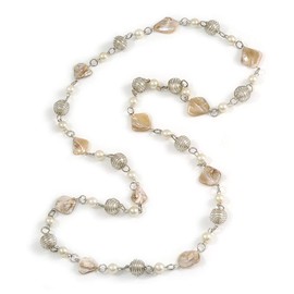 Avalaya Glass and Shell Bead with Silver Tone Metal Wire Element Long Necklace in Cream/Antique White - 120cm L