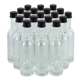 PELLAH GOODS 50 ml Mini Small Glass Bottles With Aluminum Lid and Heat Shrinks 24 Pack (Black Caps) for Liquor Sauce Party Favors Beverage