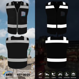 TCCFCCT Hi Vis 5 Pocket High Visibility Safety Work Vest for Men Women, Reflective Construction Vest with High Reflective Strips, Durable and Fashion, Meets ANSI/ISEA Standards, Black, M