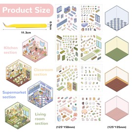 LunarCharm 4 Pieces 3D Sticker Scene Set with Tweezers, DIY 3D House Stickers, Sticker Scenes for Adults and Children, Gifts for Mini Room Sticker Book