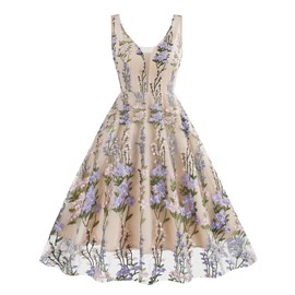 Double V Neck Floral Embroidery Dress for Women Plunging Neck Sleeveless Mesh Flower Embroidered Dress Summer Formal Wedding Dress A-line Tulle Prom Dress Vintage Homecoming Dresses Apricot+Purple XXL