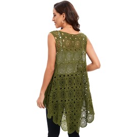 Women's Crochet Lace Vest Boho Sleeveless Kimono Irregular Hem Cardigan (Olive-W02)