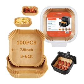 COSORI Air Fryer Liners, 100 PCS Square Disposable Paper Liners, Non-Stick Silicone Oil Coating, Little to No Cleaning, 7.9" Unbleached Food Grade, Resistant to 465°F, Thickened Not Easy to Break