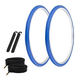 PRO+ Pair of Bicycle TIRE 700 X 35 Blue/Blue SIDEWALL (2) Tires W/Tubes 48MM Schrader Valve, TIRE LEVERS P-1180