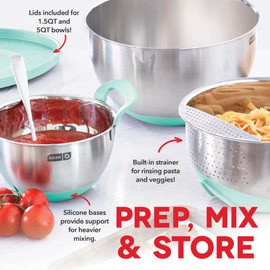 DASH Stainless Steel Mixing Bowls with Lids, Silicone Non-Slip Base with Measuring Lines and Strainer, 3 Bowl Set - 1.5 Quart, 3 Quart, & 5 Quart - Aqua
