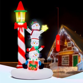7 FT Christmas Inflatables Outdoor Decorations, Blow Up Three Snowman Stack Beside by Street Lamp Yard Decoration Build-in LED for Xmas Party Indoor, Outdoor, Yard, Garden, Lawn Decor