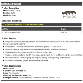Right Passenger Side Exhaust Manifold with Manifold Gaskets Studs and Nuts - Compatible with 2004-2009 Ford F150 5.4L V8