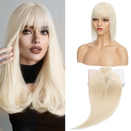 S-noilite Hair Toppers with Fringe Human Hair for Thinning Hair Women Real Hair Topper Hair Piece Clip In Hair Extensions 100% Remy Real Human Hair 27g（#60 Platinum Blonde, 6 Inch）